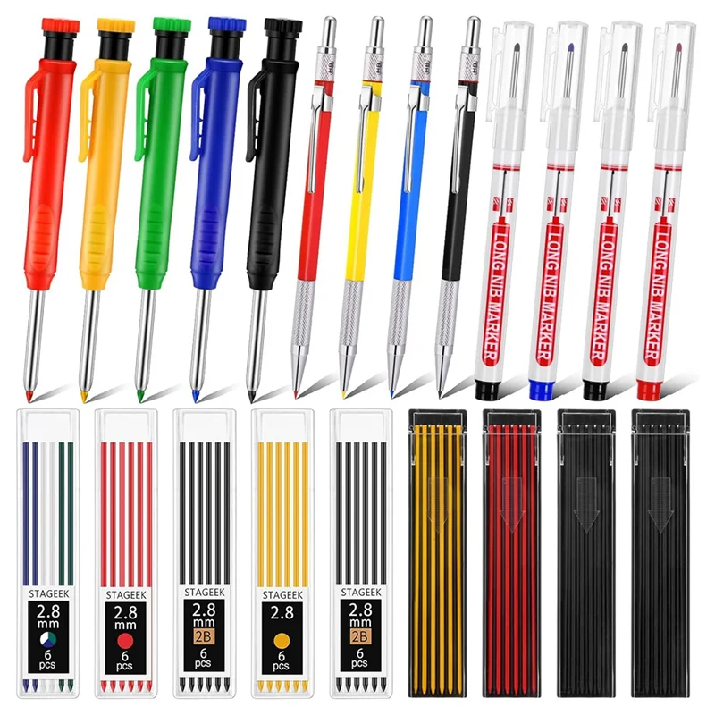 Mechanical Pencil Set 22 Pieces Includes 78 Refills, Sharpener, Long-Nib Markers For Carpenters