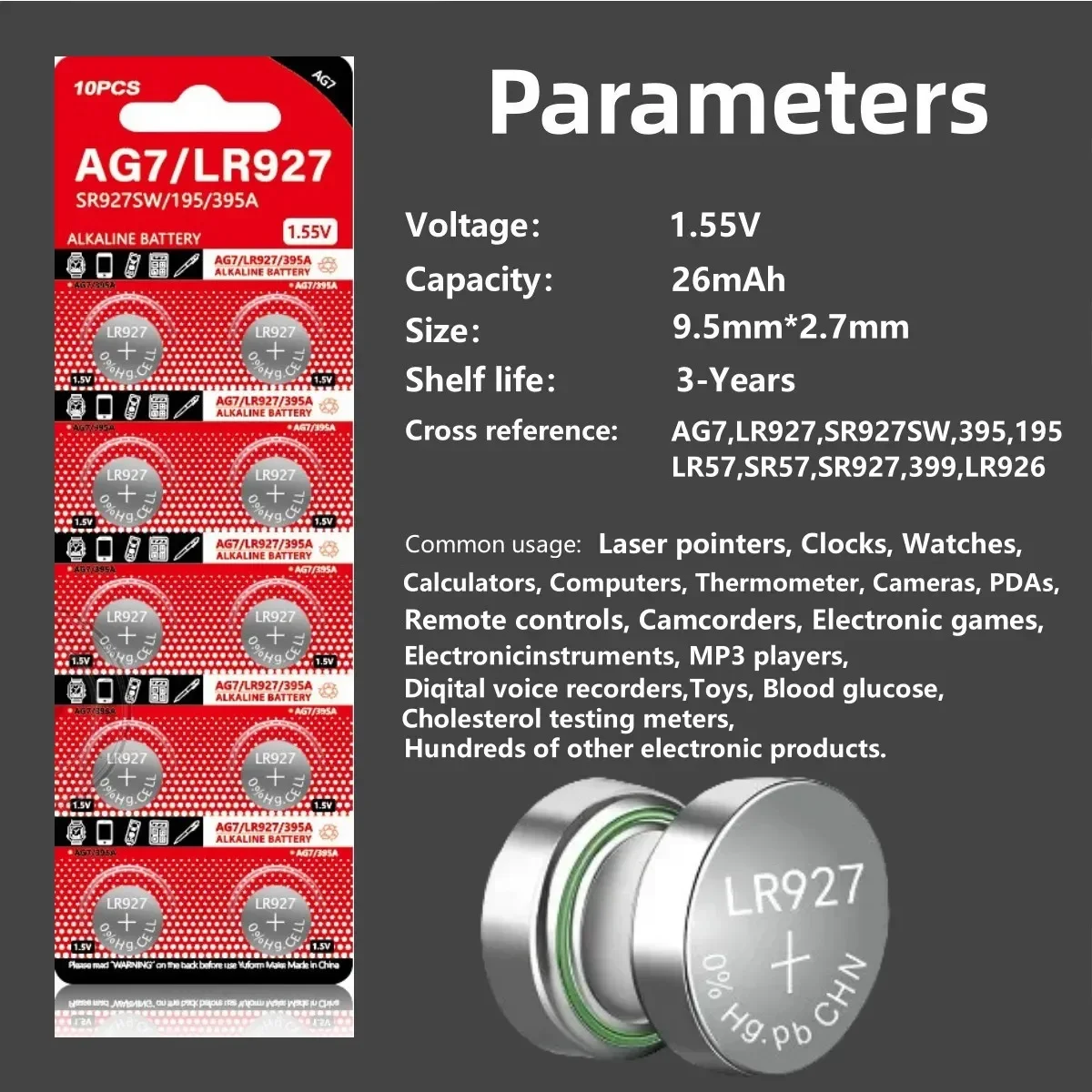 Bateria de Célula Alcalina de Alta Capacidade, 1.5V, AG7, SR927W, LR927, LR57, 399, GR927, G7, Relógio, Brinquedos, Remotes, Câmeras, Presente, 2-50Pcs