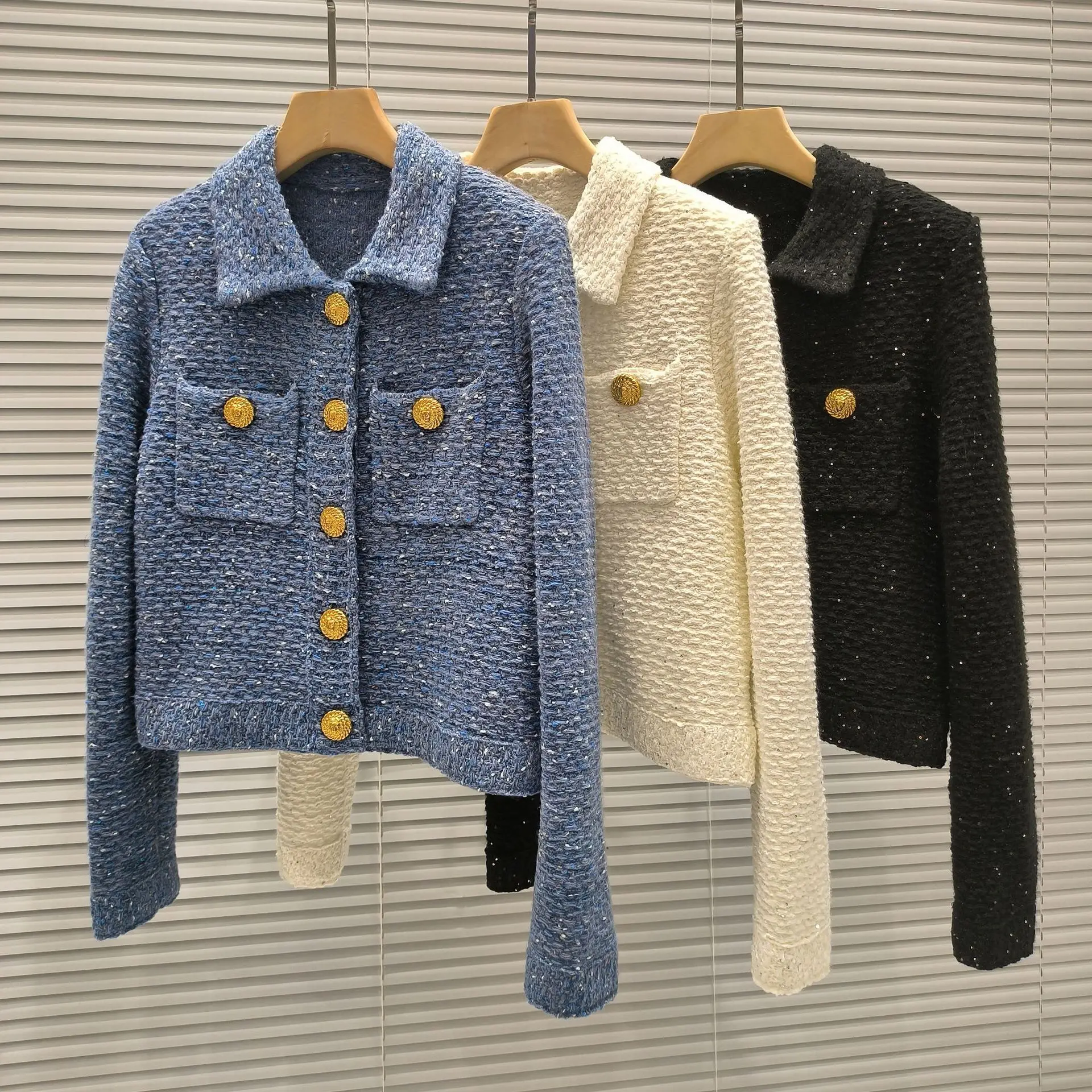 Elegant Parisian High-End Version Sequin Jacket Gold Button Embellished Heavy Embroidery Slimming Short Coat for Women