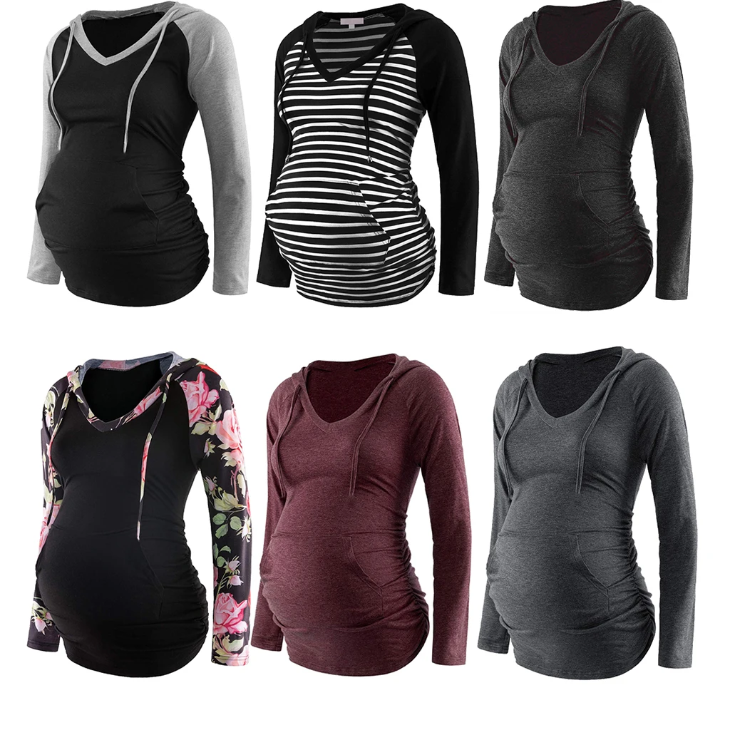 Frauen Mutterschaft Hoodies Gestreiften Druck Langarm V-ausschnitt Hoodie Sweatshirts Top Mama Schwangere Pflege Herbst Und Winter Kleidung – Detail 2