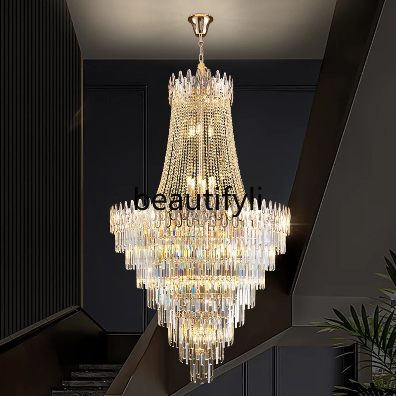 

Duplex building light luxury crystal chandelier villa hall crystal living room light hollow rotating lobby light