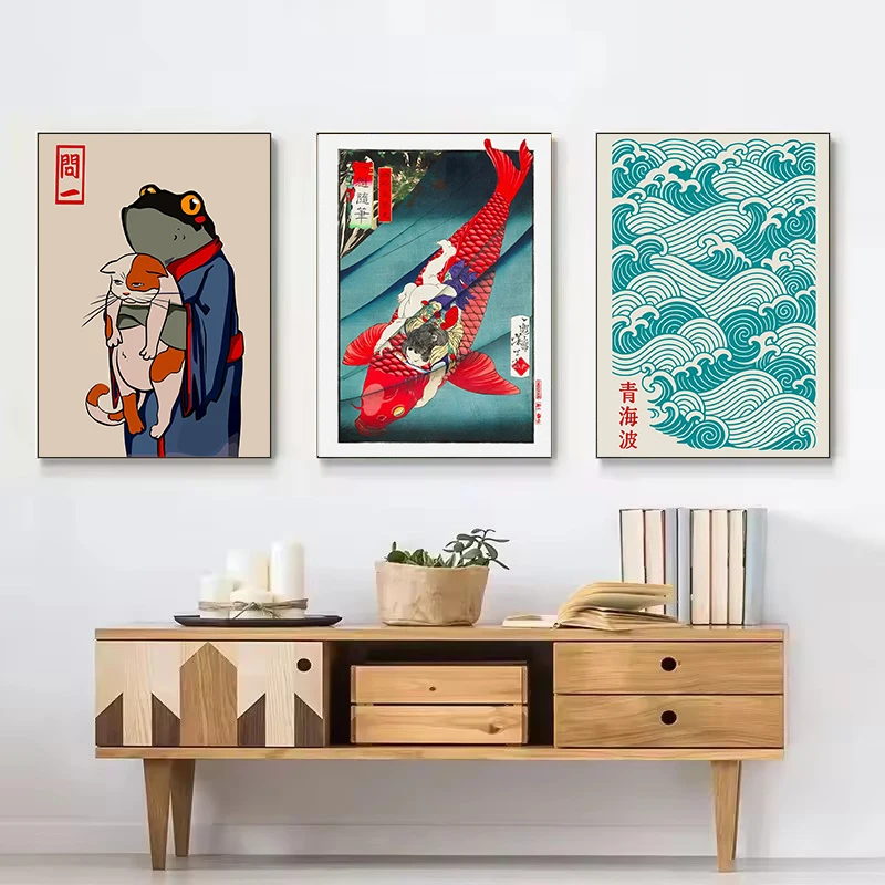 Retro Abstract Japanese Culture Black Cat Ramen Koi Fish Poster Canvas Painting Wall Art Pictures Home Living Room Decor