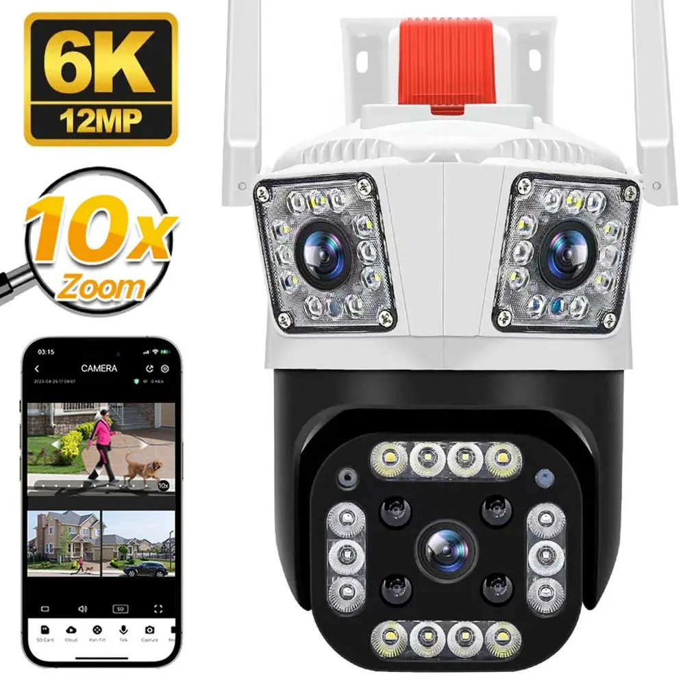 

6K 12MP Three Lens PTZ Camera with Three Screen Ai Human Detection Auto Tracking Wifi Outdoor Security Surveillance IP Camera