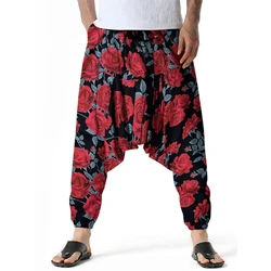 New men's harem pants with polyester rose print comfortable and breathable lantern fashionable and casual loose fitting