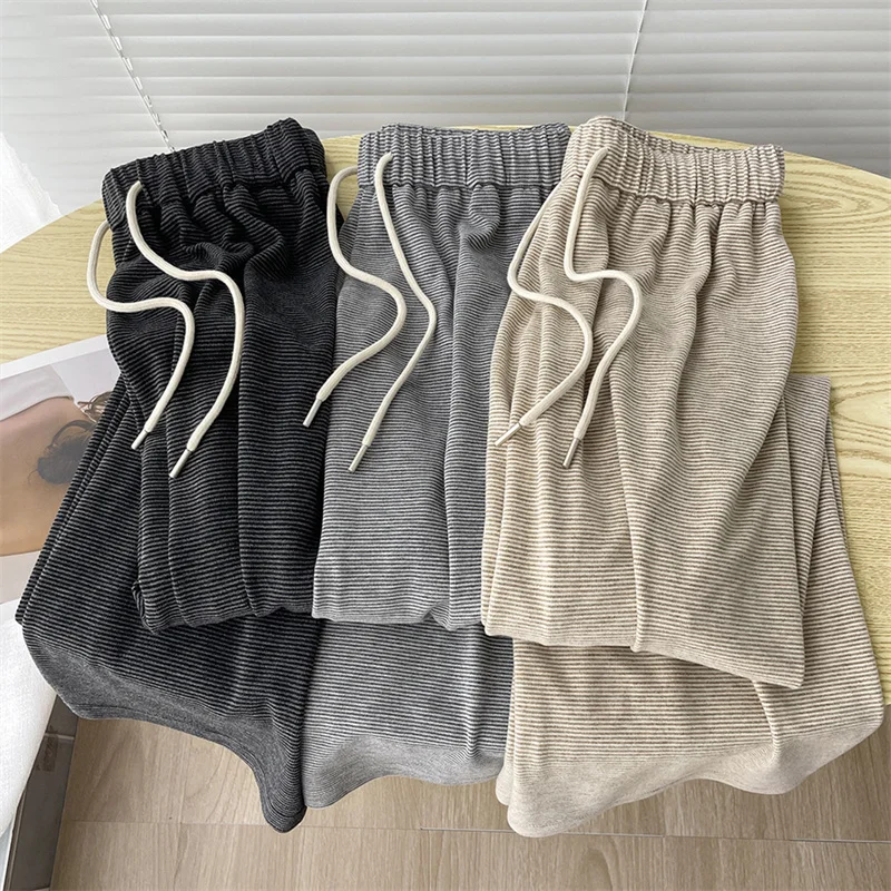 Women Horizontal Striped Casual Sweatpants Autumn Winter Loose Wide-leg Pants Fleece Thicken Warm Cosy Straight Trousers Female