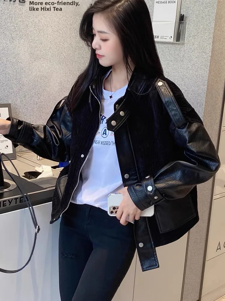 المرأة Fce اصطف ort السائق Jaet بولي Leather الجلود Thiened الخريف الشتاء ملابس خارجية عادية Sle طويلة Sve سستة إغلاق