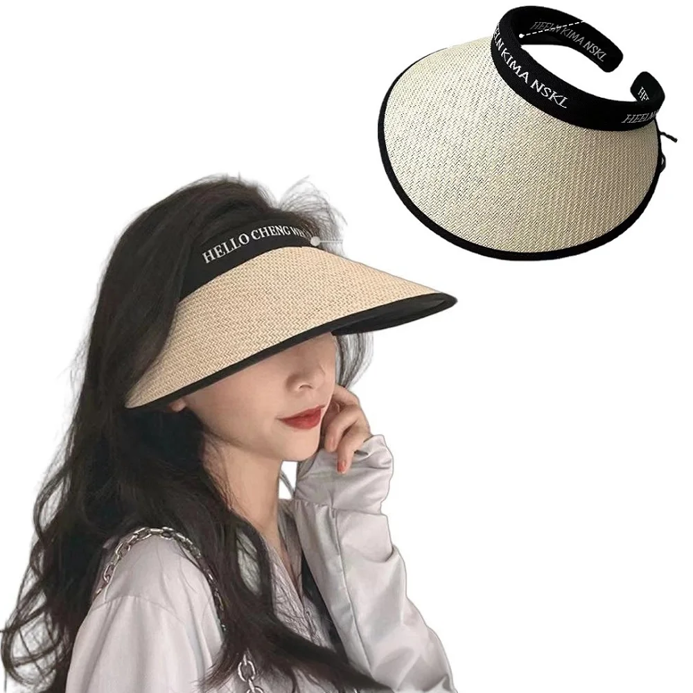 Sombrero de Sol de Ala Ancha Resistente a los Rayos UV de Goma Negra para Mujer, Sombrero de Sol de Paja Tejida, para Camping, Senderismo, Pesca