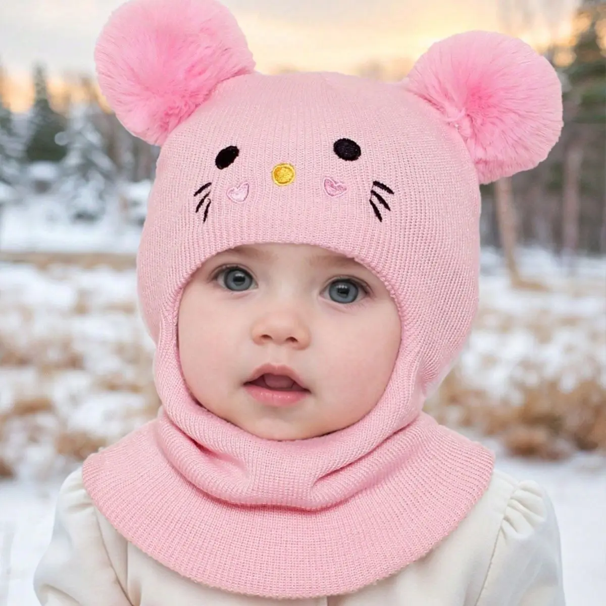 

Дышащие теплые шапки с двумя шариками для защиты ушей, осенне-зимняя детская вязаная шапка, ветрозащитная шапка для головы, анфас, шеи