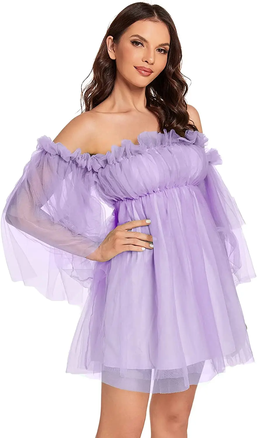 NEW S-5XL Women\'s Romantic Off Shoulder Flounce Long Sleeve Wedding Ruffle Mesh Party Mini Dress