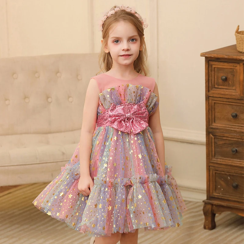 Children's Shining Starry Sky Dress for Birthday Elegant Girl Party Dress Sleeveless Mesh Bow Dresses for Daily Princess Costume