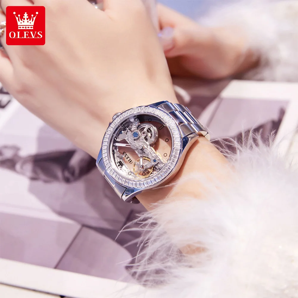 OLEVS 6699 Fashion Womens Mechanical Watch Big Dial Luminous Fully Transparent Hollow Luxury Automatic Ladies Wristwatch