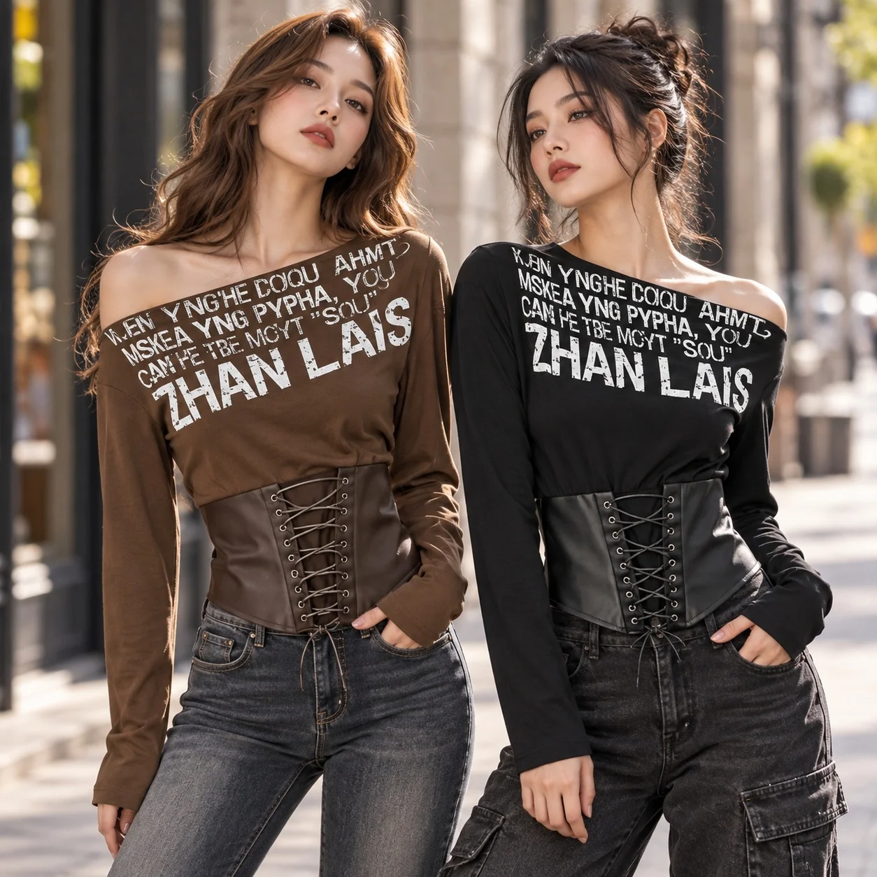 Long Sleeve Patchwork T Shirt Regular Length Casual with Asymmetrical Neckline T Shirts Pullover Streetwear 3D Pattern Women Top