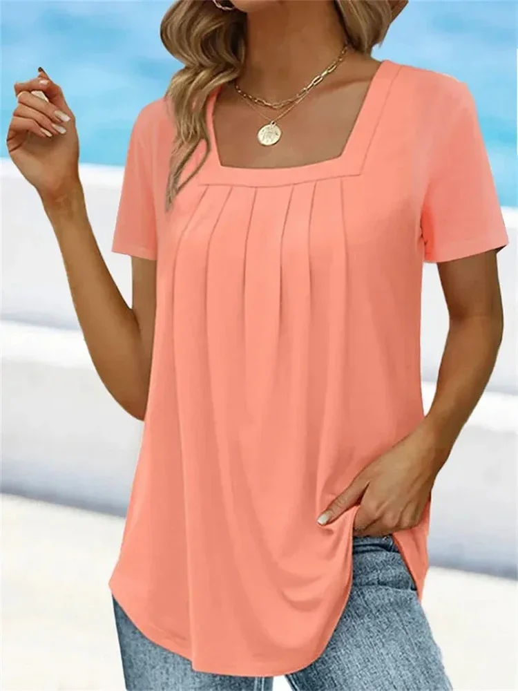 Plus Size Solid Color Pleated Square Neck Women's T-shirts Loose Short Sleeve Ruffled Lady Tee Basic Elegant Sexy Commuter Tops