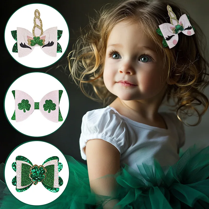 5PCS Irish Festival Four-Leaf Clover Hat Bow Hair Clip St. Patrick's Day Glitt Unicorn All-Cover Clip