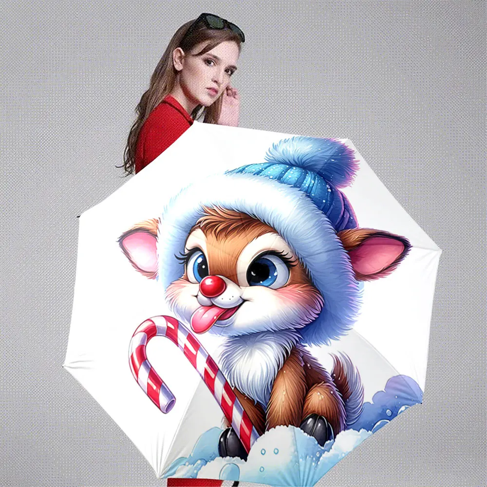 Adorable Reindeer with Candy Cane Winter Umbrella Design portable waterproof sun rain umbrella for outdoor travel beach