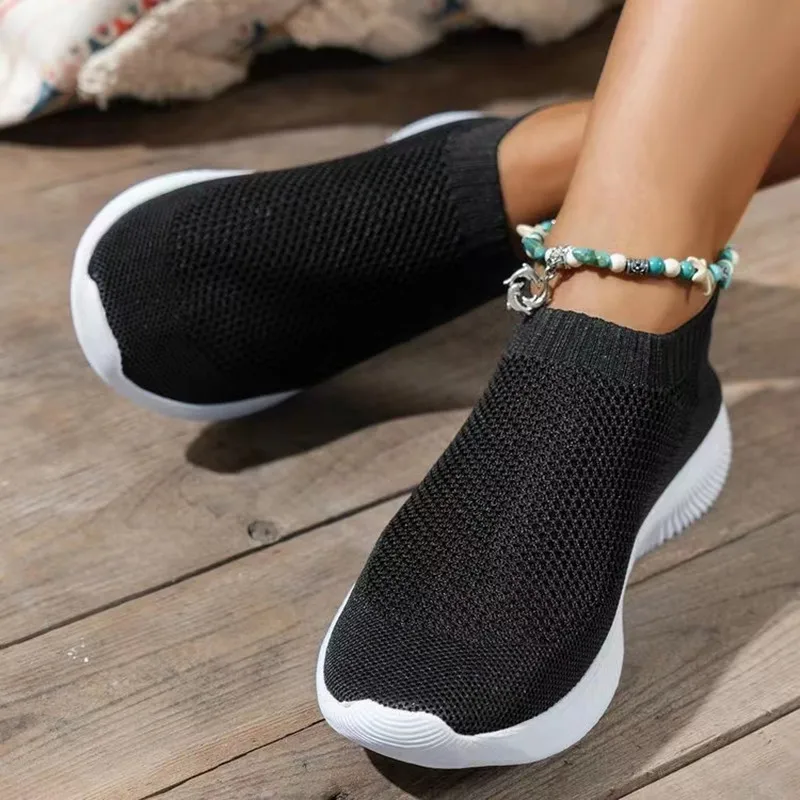 Knitted Sneakers for Women 2022 Autumn Slip on Breathable Mesh Casual Shoes Woman Flat Heels Plus Size Loafers