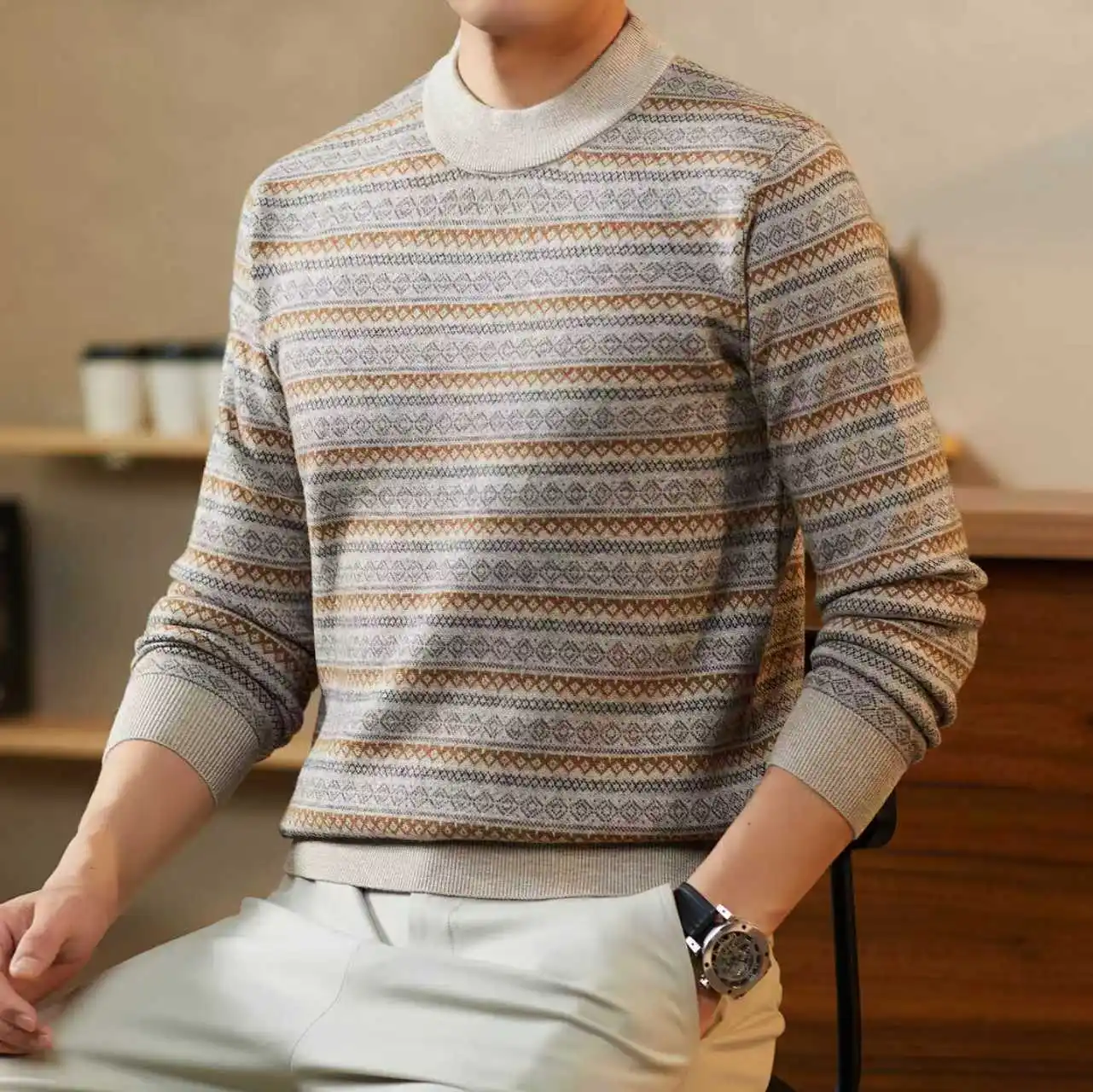 Джемпер высшего качества из 100% чистой кашемировой шерсти, 2025 г., мужской зимний модный толстый свитер в полоску с длинными рукавами, мужская теплая одежда из овечьей шерсти