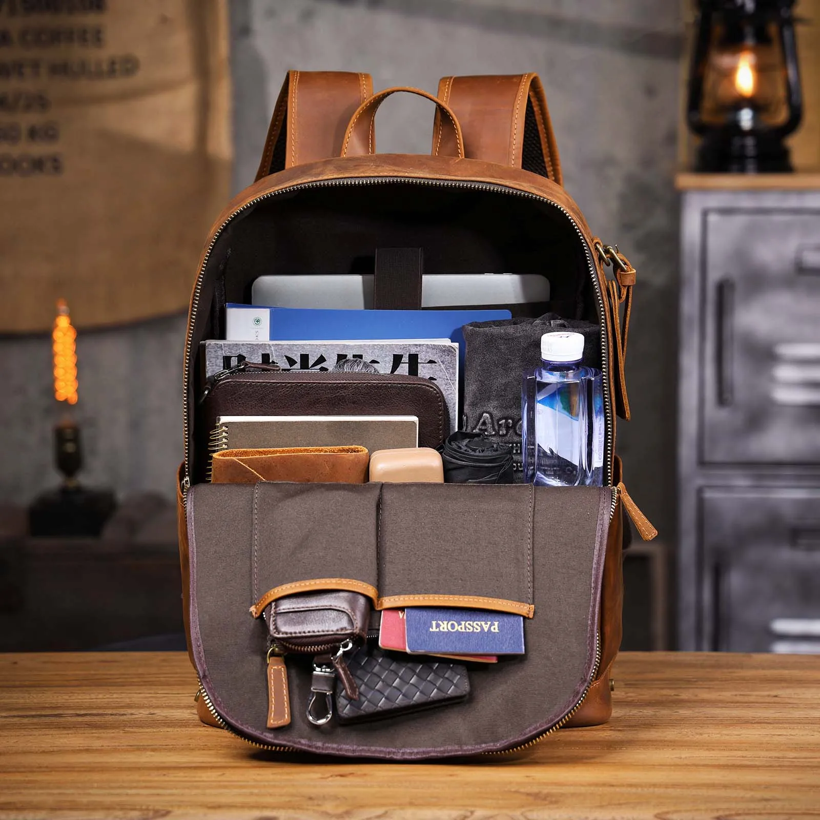 S.WORKER Vintage Echtleder-Rucksack 16" Laptop-Tasche Lässige Crazy-Horse-Leder-Schultasche Outdoor-Reise-Weekender-Tasche – Detail 9