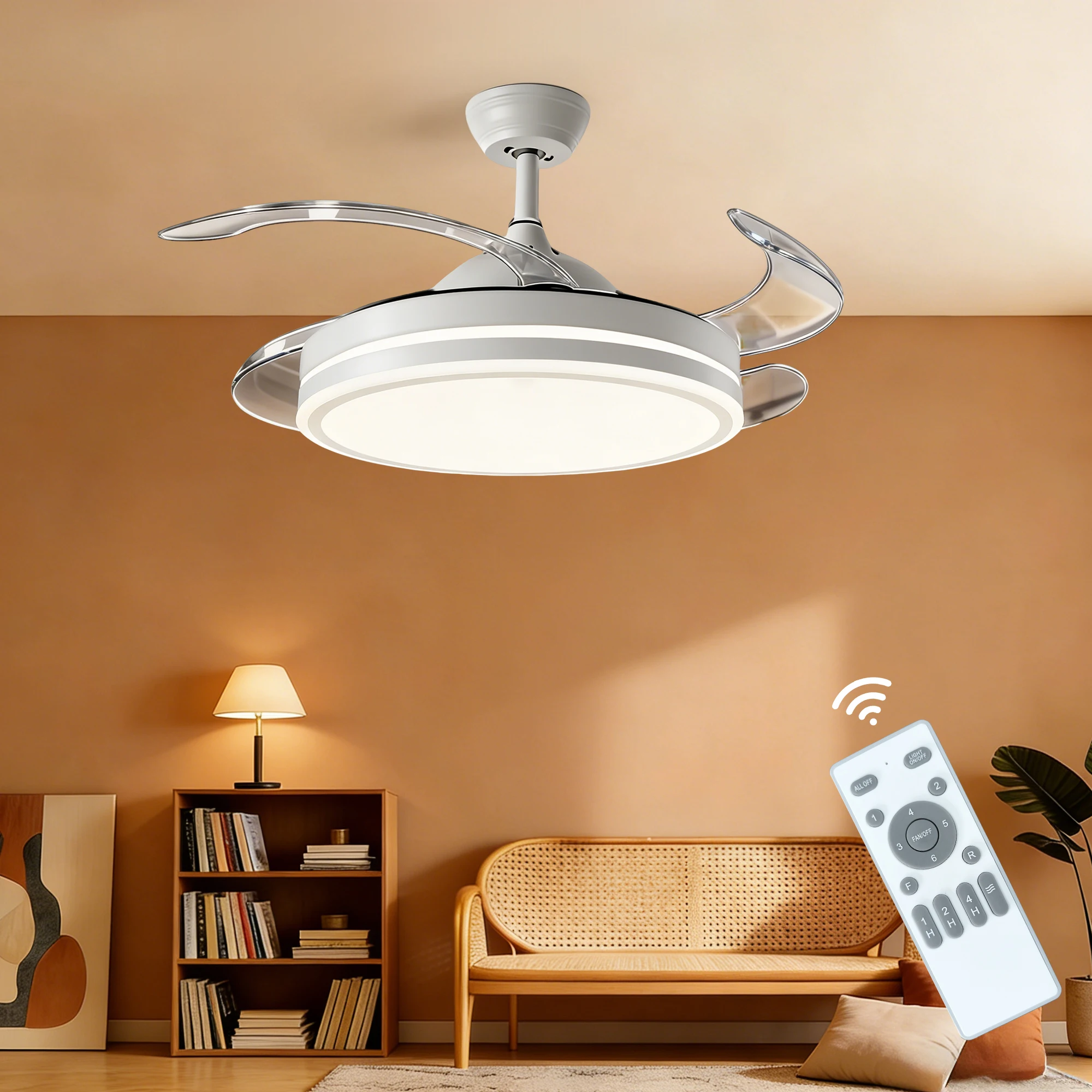 

Потолочный вентилятор Kasotile 42 дюйма с LED-подсветкой и пультом ДУ, 6 скоростей, 3 цвета, для гостиной и спальни