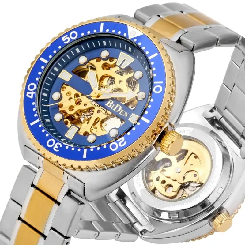 Luxury BIDEN Brand New Arrival Men\'s Steampunk Skeleton Auto Mechanical Wristwtach Full Steel Bracelet Watch Nice Xmas Gift