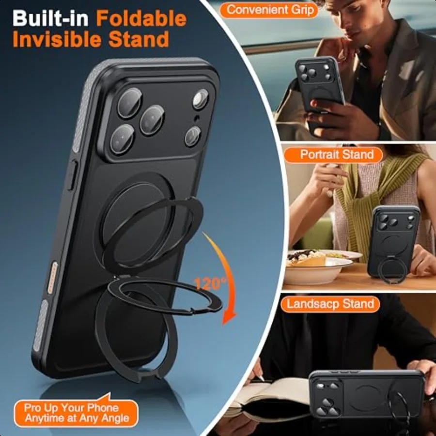 Oterkin Magnetyczne, Wodoodporne Etui na iPhone 17 Pro Max z [Wbudowaną Ochroną Ekranu][Niewidoczny Stojak][Kompatybilne z MagSafe][Ochrona 360°]