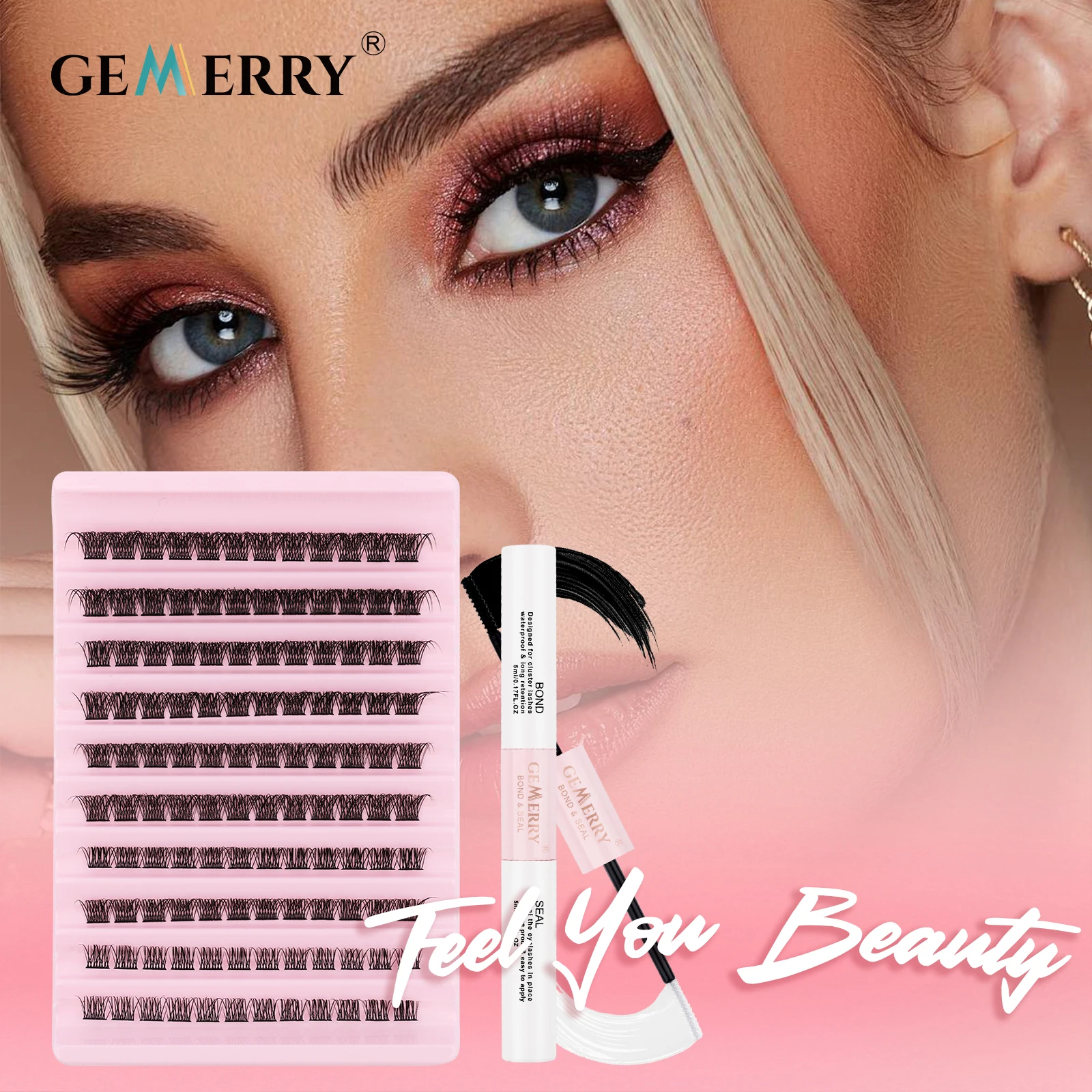 GEMERRY DIY Cluster Wispy Lashes mit Bond&Seal, gemischtes Tablett, individuelles Volumen, Katzenauge wie Jennie Lash, weiche falsche Wimpern aus Nerz