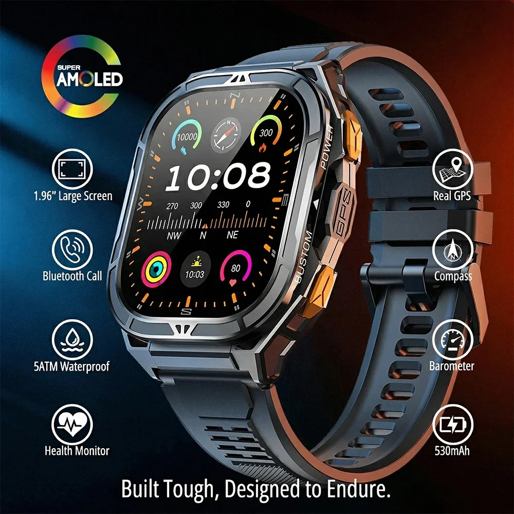 Luxury AMOLED Smartwatch Real GPS 5ATM Waterproof Fitness Tracker Smart Watch Sports Health Monitor Watches for Man iOS Android