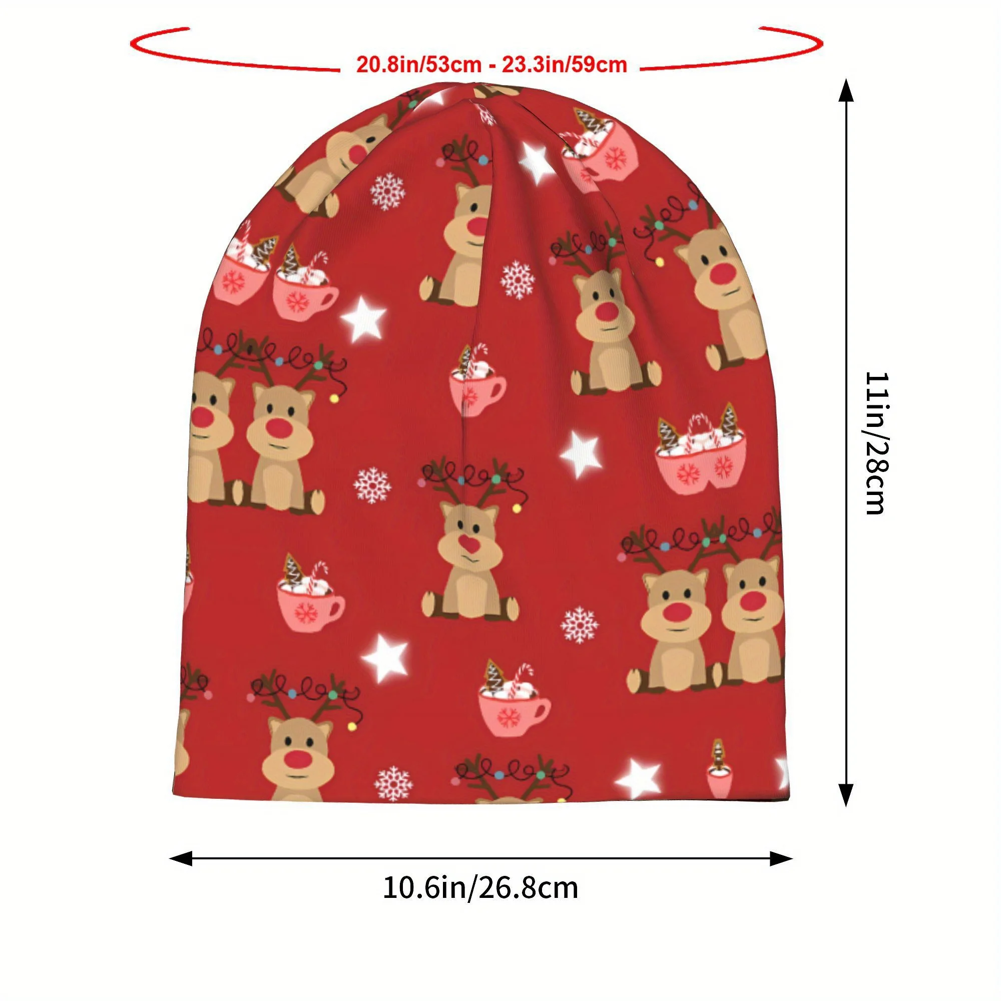 Festive Reindeer Beanie Cap for Men Cozy Knit Winter Hat with Snowflake and Holly Design, Fashionable Red Polyester