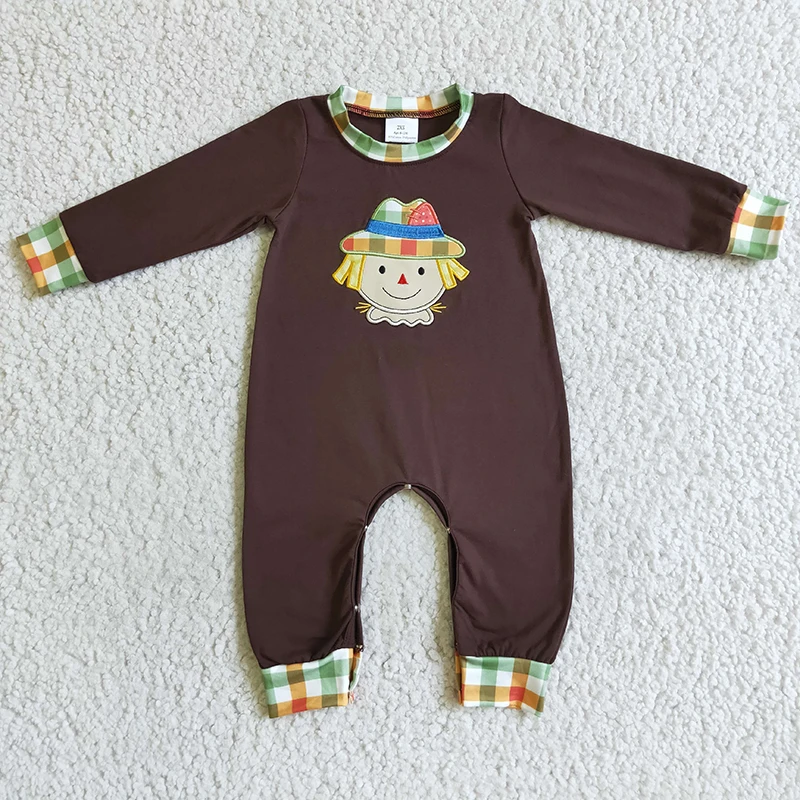 

Toddler Thanksgiving Newborn Baby Boy Embroidery Scarecrow Clothing Long Sleeves Cotton Snap Botton Jumpsuit Kids Plaid Romper