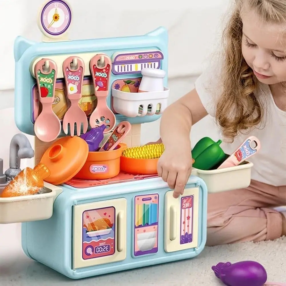 13/14 pezzi Set da gioco da cucina per cartoni animati Spruzzo d'acqua a pressione e lavello da gioco Cestino portaoggetti per accessori da cucina simulato