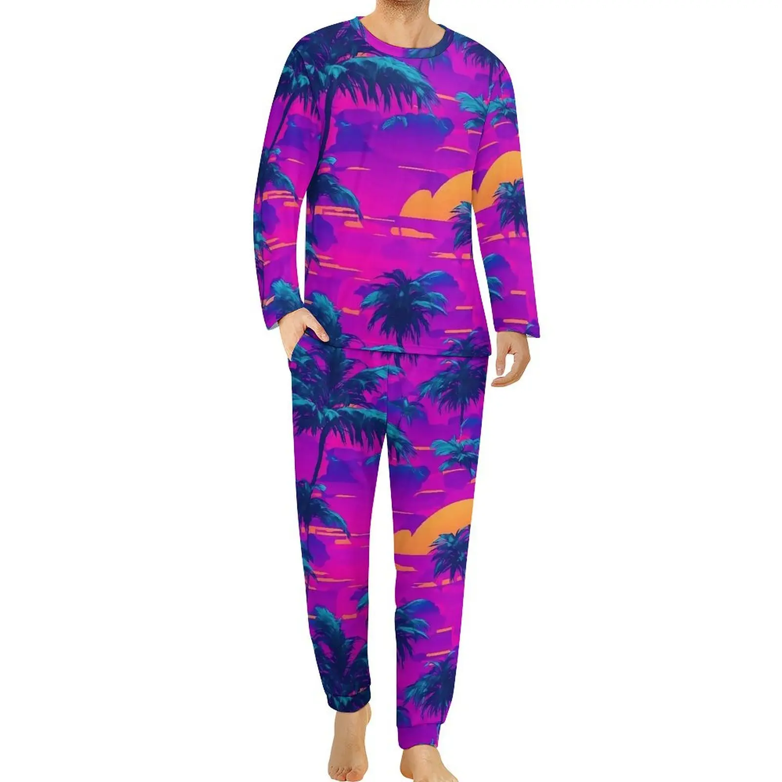 Purple Sunset Palm Trees Pajamas  Man Long Sleeve Cool Pajama Sets Two Piece Casual Daily Design Sleepwear Gift Idea