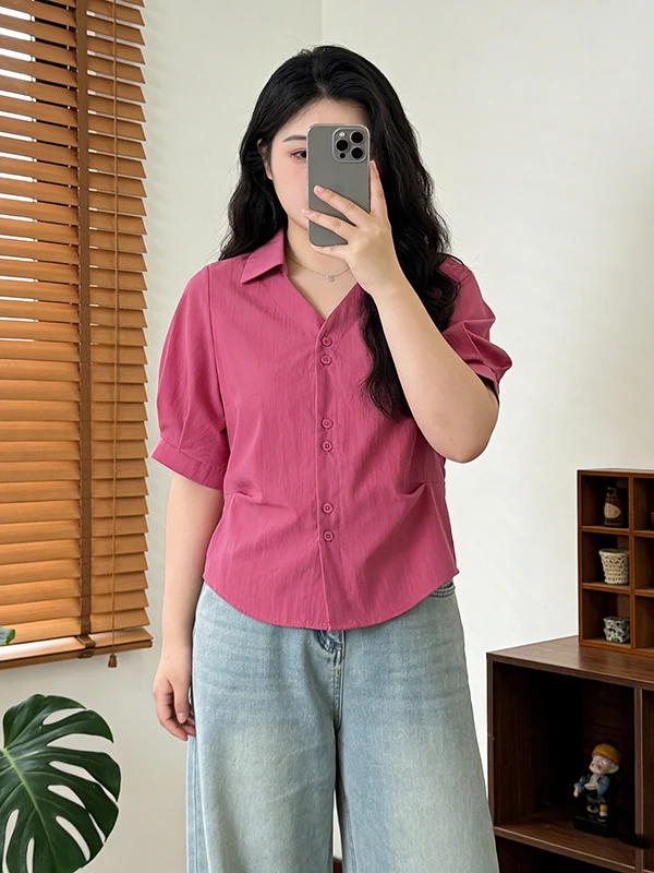 

Модная женская рубашка больших размеров с коротким рукавом и V-образным вырезом, розовый летний топ, элегантный корейский стиль, свободный крой, размер L