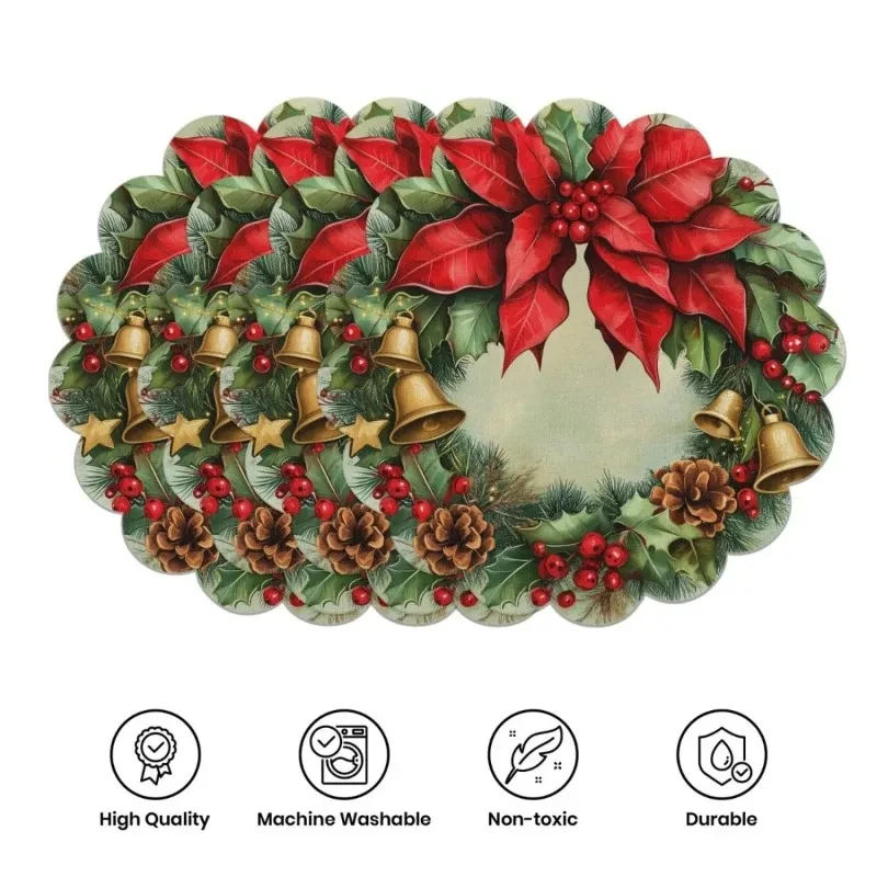 VIKAMA Christmas Poinsettia Gold Bell Round Placemat, 6 Designs, Table Mat for Kitchen Dining Party