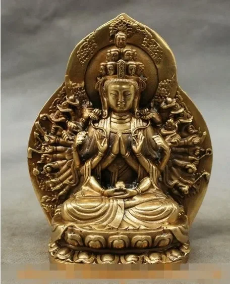 Chinese Brass Buddhism Kwan-Yin Bowl 1000 Arm Avalokitesvara Buddha Statue Set