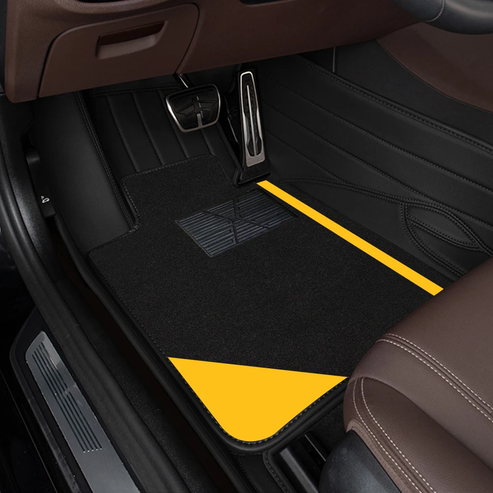 4pcs Black Velvet Colored Striped Floor Mats Yellow Suitable For Off-Road Vehicles And Trucks Equipped With All-Weather