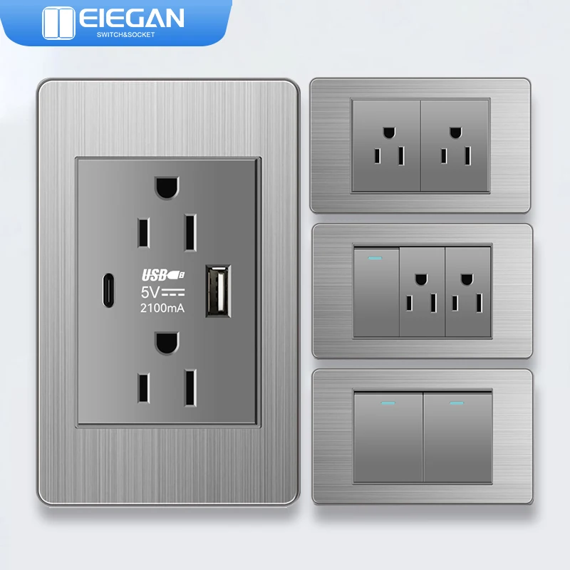 

ELEGAN Grey stainless Panel US Standard 1/2/3/4/5/6Gang Switch Push Button Outlet Usb Type-c Wall America Socket Light Switch