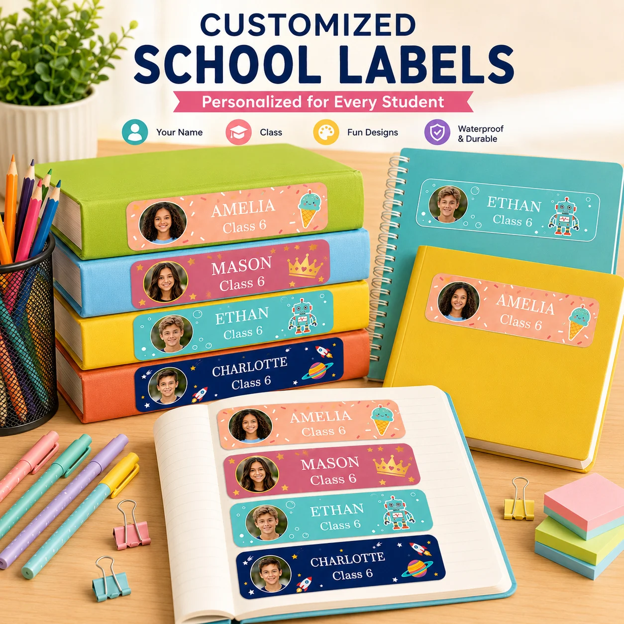 Customized Back-To-School Photo Name Stickers, Custom Text Labels, Personalized Labels for Schools, Offices, Water Bottles, Pencils - Non-Curling Adhesive Waterproof Name Tags, School Classroom Backpacks, Luggage, Back-To-School Gifts for Sons and Daughters