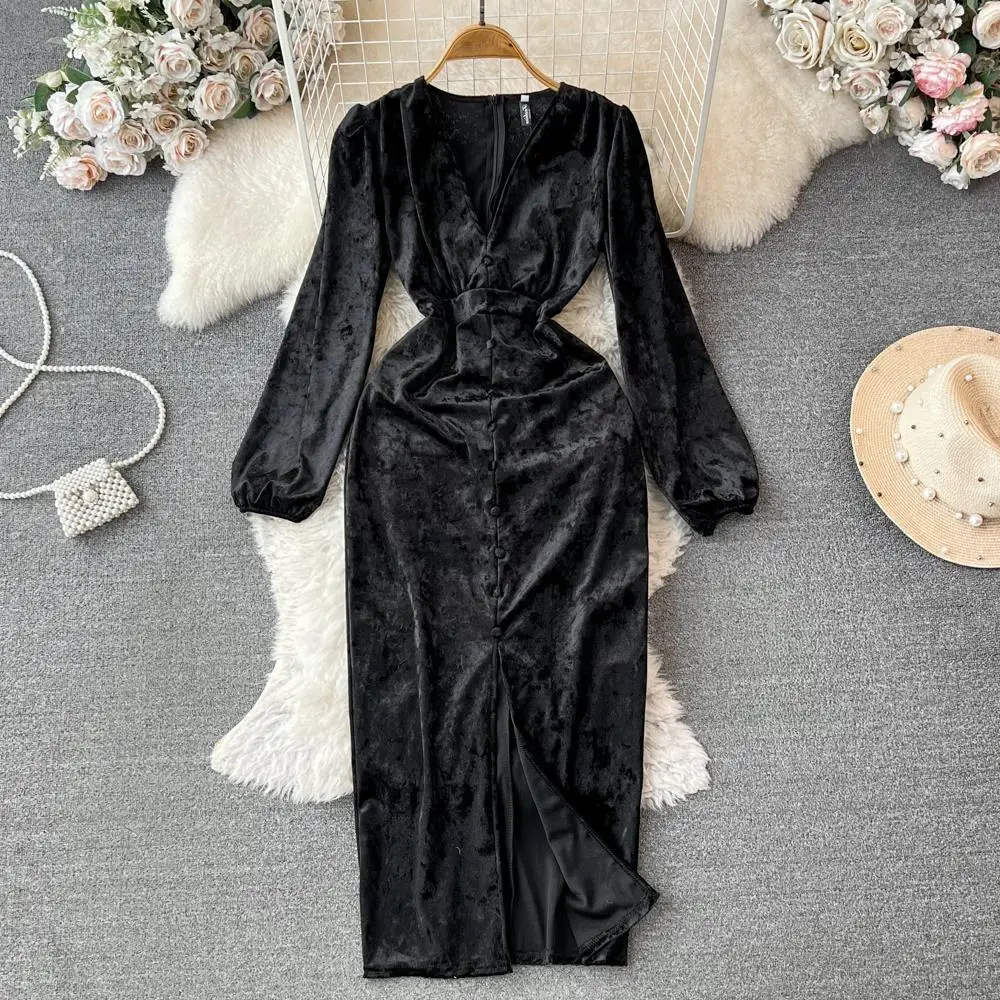 Ele Velvet Bubble Sve V-Ne Slimming Mid-Length Wrap Bodycon Dr Korean Sle Commute Pure Color Autumn Faion