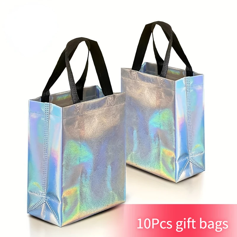 

10pcs Iridescent Gift Bags Stunning Reusable Holographic with Handles Birthday Gift Bags Party Favor Bags10.2 X 7.9 X 3.9 Inch