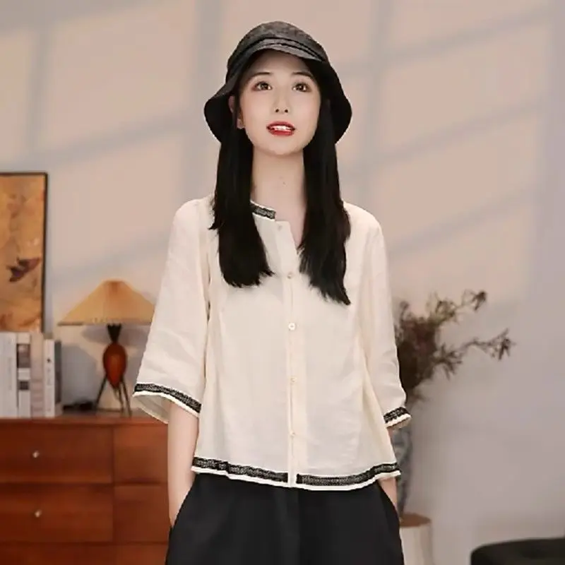 

Elegant Chinese Style Breathable Color Block Open Cardigan with Round Neck and Half Sleeves for Summer
