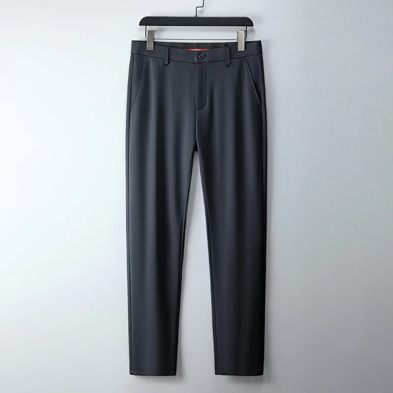 Pantalones de traje de seda de hielo para hombre, pantalón de cintura alta, edición coreana, informal, para oficina y negocios, novedad de 2024