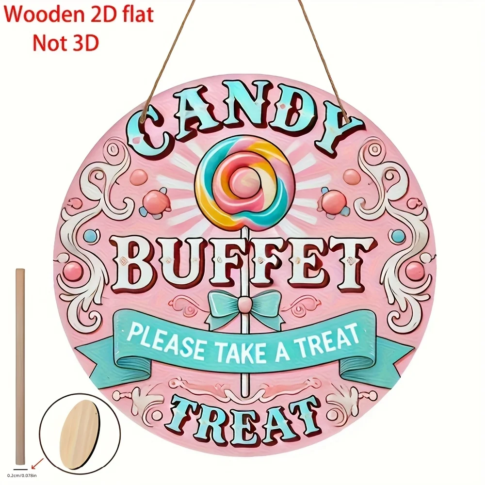 2D Flat, 1pc Candy Buffet Round Wooden Hanging Sign, 2D Flat Manufactured Wood Wall Decor for Home, Restaurant, Bar, Cafe, Garag