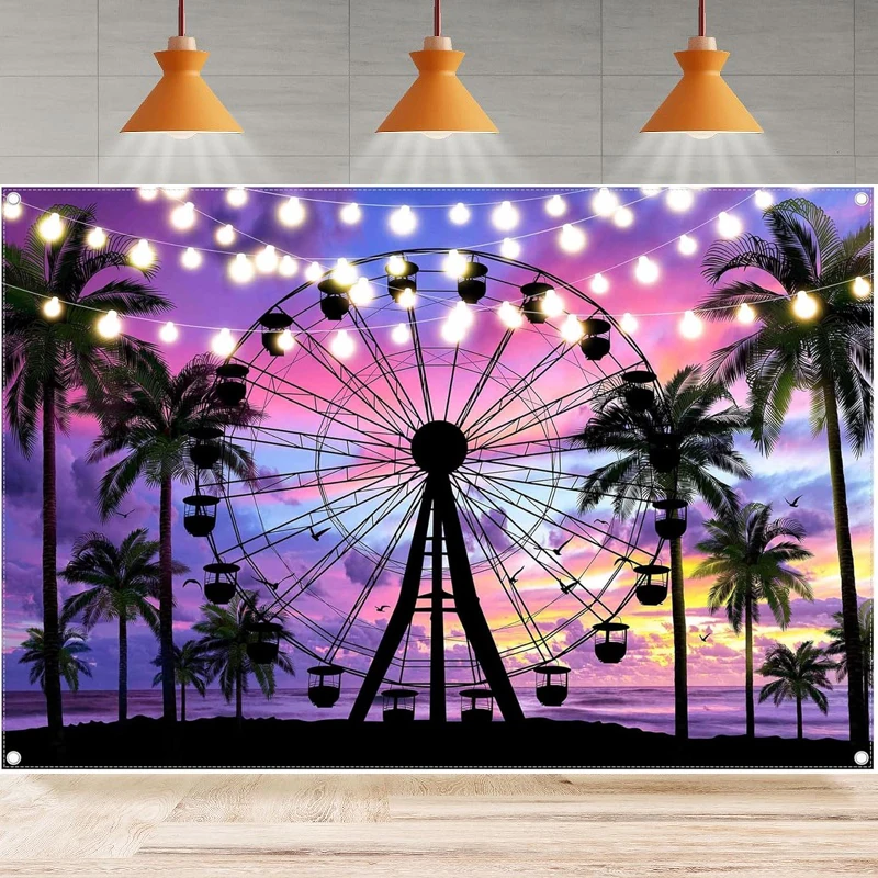 Summer Ferris Wheel Photography Backdrop Seaside Musical Festival Palm Tree Sunset Background Home Party Backdrop Wall Banner