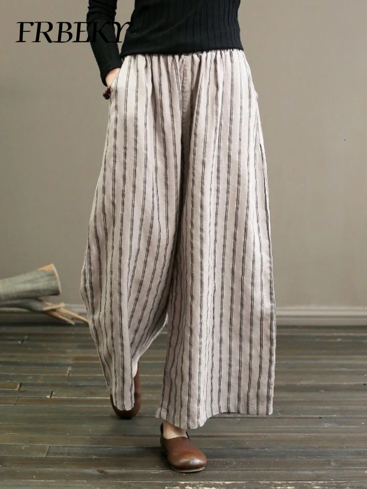 Damen hose Sommer Vintage Baumwolle und Leinen gestreifte Hose mit weitem Bein dünn drapiert lässig gerade neun Hosen Freizeit hose