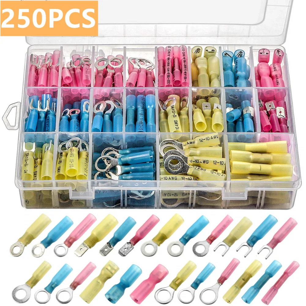 250PCS Insulated Butt Wire Connector Heat Shrink Crimp Terminals Kit Male Female Electrical Cable Spade Ring Fork Terminal