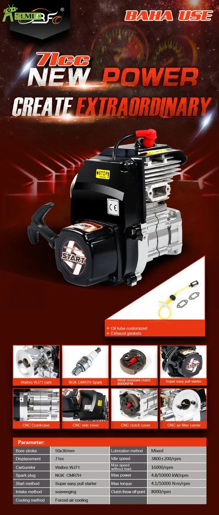 71CC 4 볼트 2행정 공냉식 엔진, Walbro WJ71 기화기/NGK CMR7H 스파크 핏 1/5 HPI ROFUN BAHA ROVAN KM BAJA LT FG