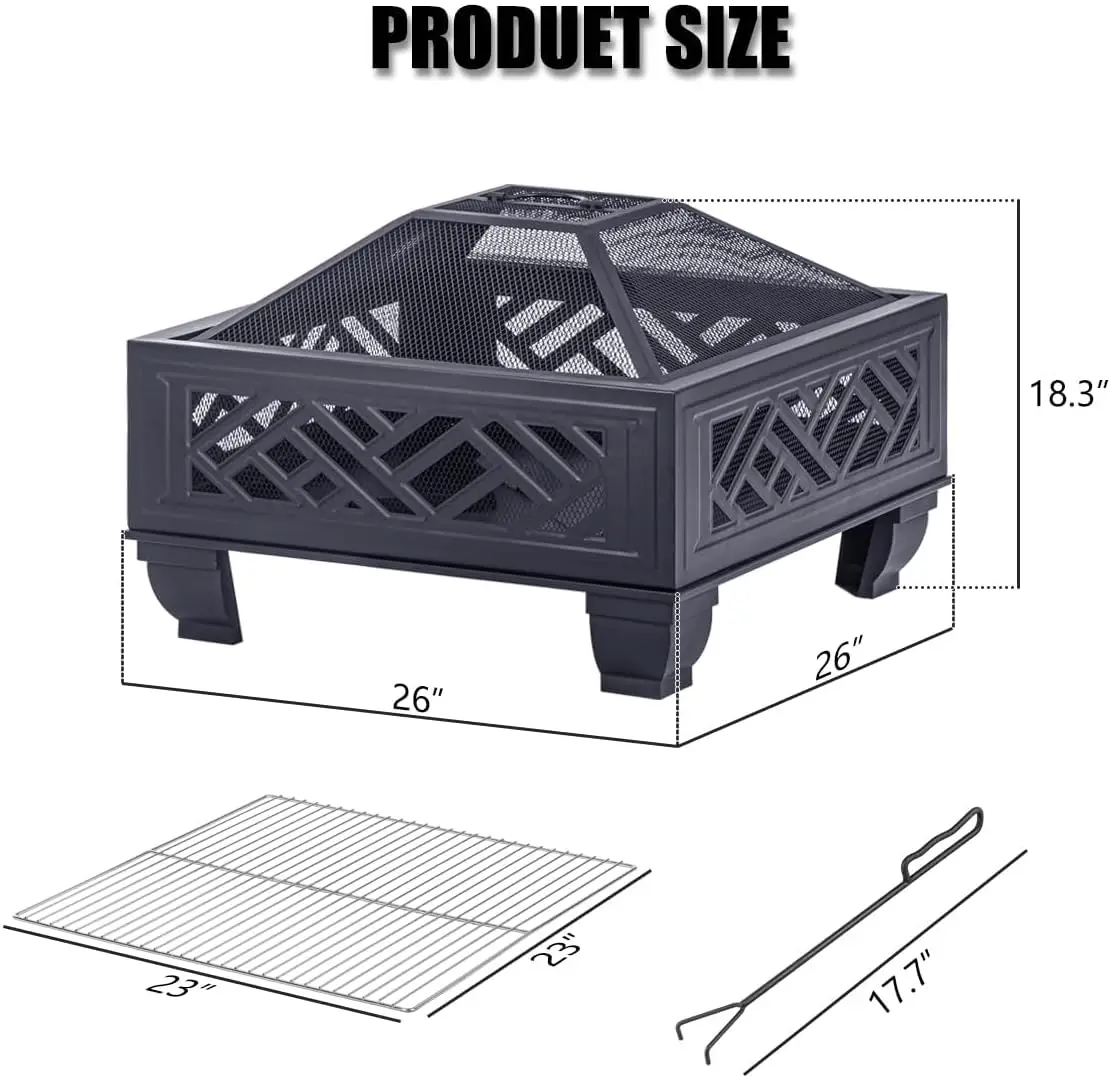 Heavy-Duty Steel Wood-Burning Fire Pit with Grill, 26 Inch Compact Size for Patio, Backyard, Garden or Camping, Includes Spark Screen & Fire Poker