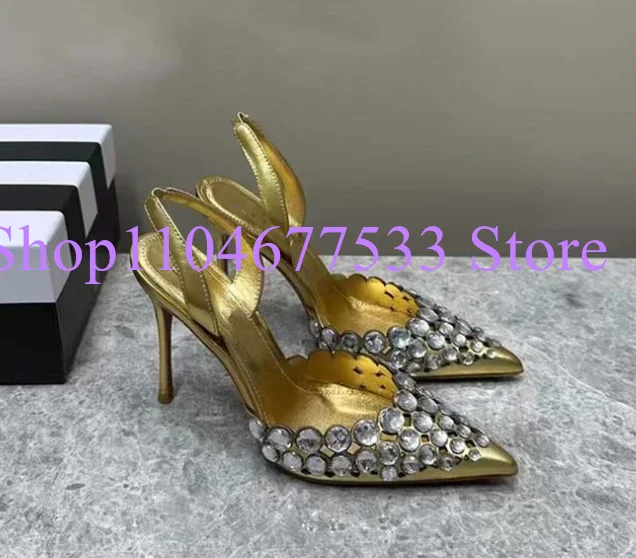 

Pointed Toe Thin Heel Lady Crystal Sandals Fashion Rhinestone Slingback Woman High Heels Sandals Female Dress Party Pumps Shoes