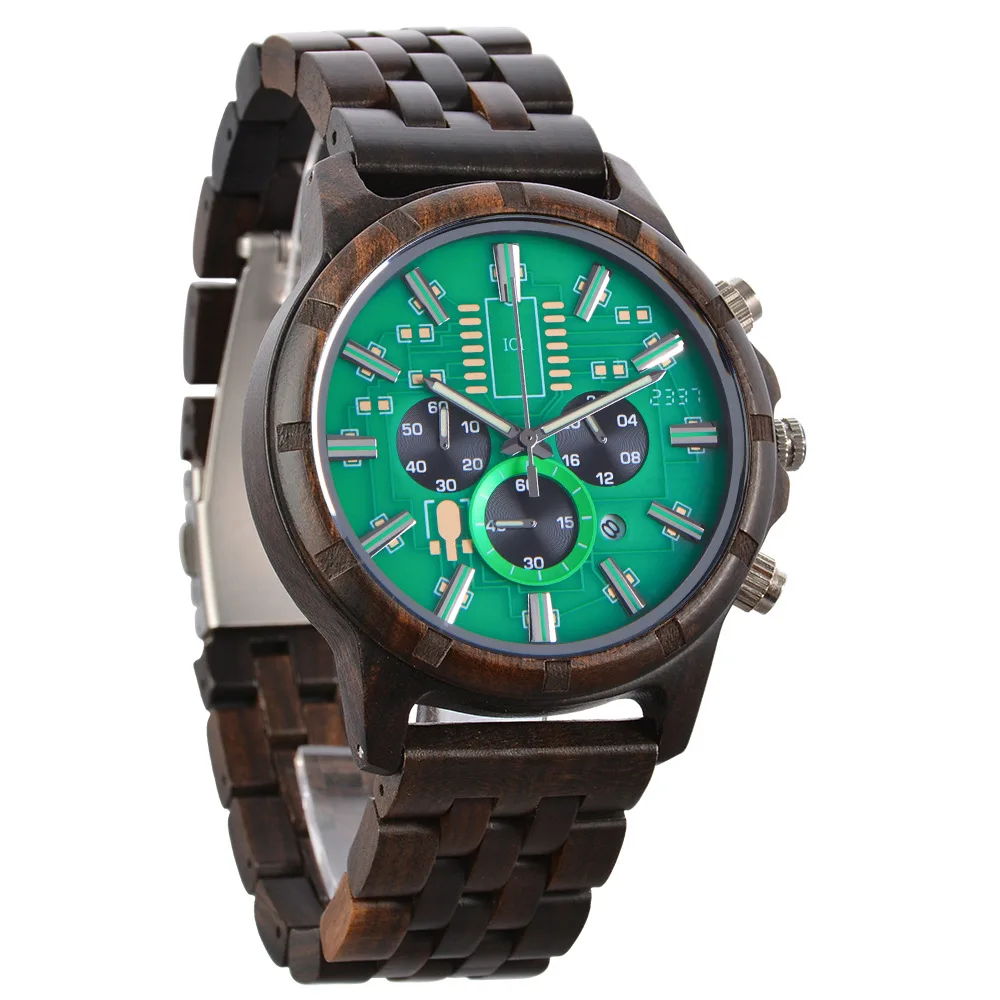 Circuit Board Dial Wooden Watch Circular Tech Pattern Multi Function Side Fold Clasp Dual Chronograph Luminous Male Wristwatch