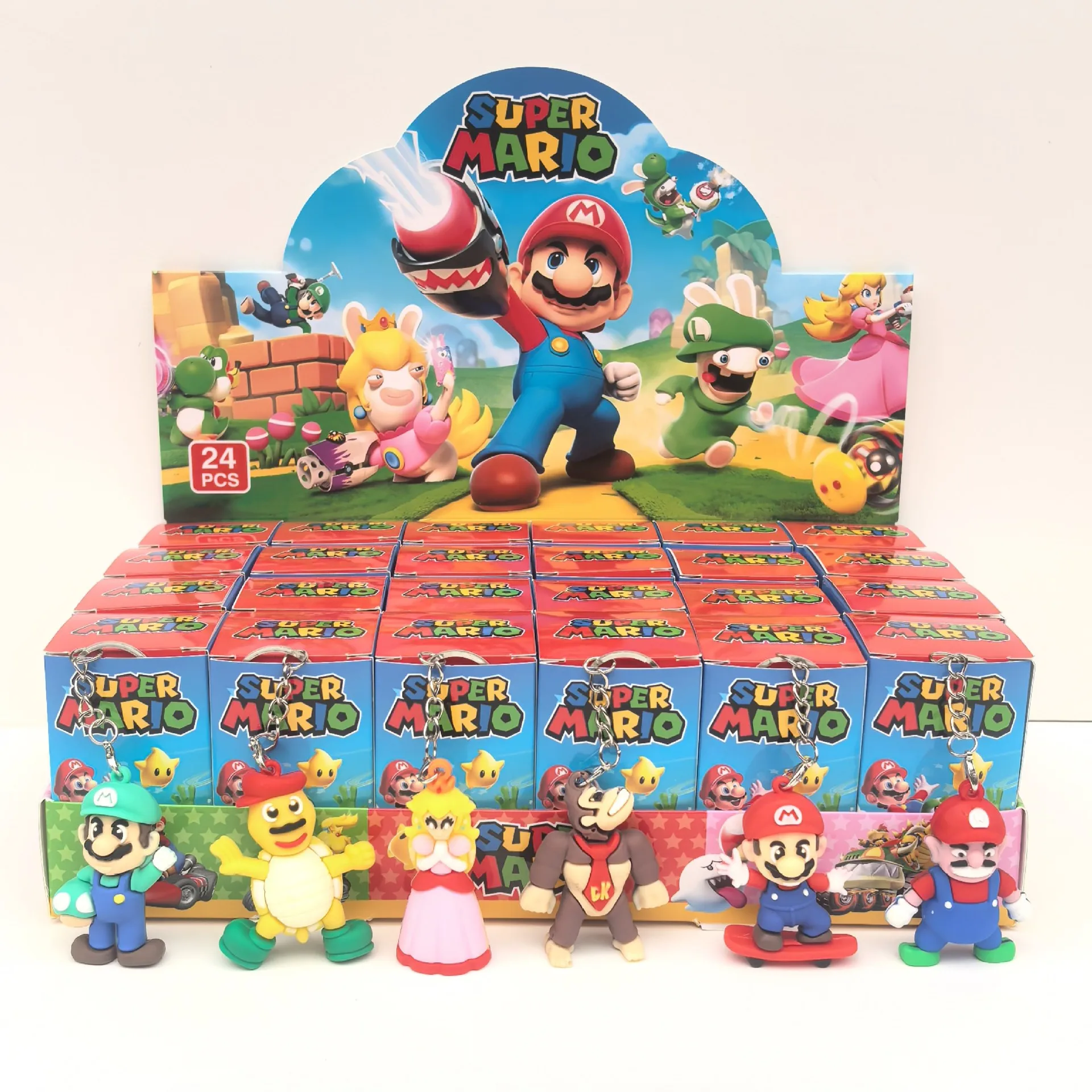 24 piezas de llaveros sorpresa de Super Mario, nuevos llaveros kawaii, colgantes de juguete, cajas de regalo, colgantes, llaveros para coche, regalos para el Día del Niño